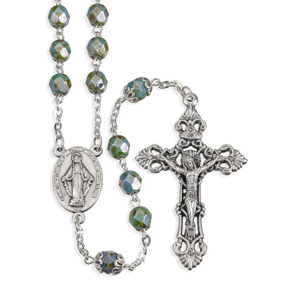 18" 7MM Glass Teal Bead with Alabaster Luster Rosary # 29033
