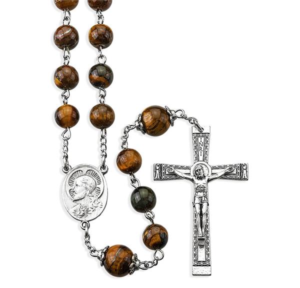 8mm Tiger Eye with 10mm Capped Bead Rosary with Deluxe Centerpiece and Crucifix in a Grey Velvet Box # 29043
