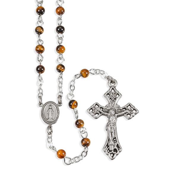 4mm Tiger Eye Gemstone Bead Rosary in Grey Velvet Box # 29048