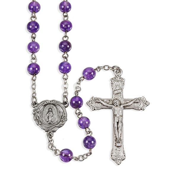 6mm Amethyst Bead Rosary with Deluxe Silver Plated Centerpiece and Crucifix in a Grey Velvet Box # 29058