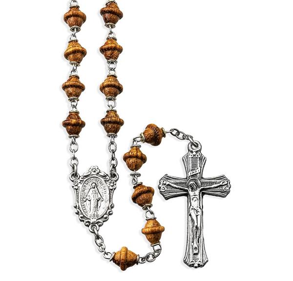 7mm Brown Wood Walnut Shaped Bead Rosary in a Grey Velvet Box # 29076