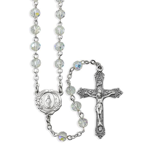 6mm Crystal Aurora Borealis Bead Rosary with a Deluxe Center and Crucifix Boxed # 29081