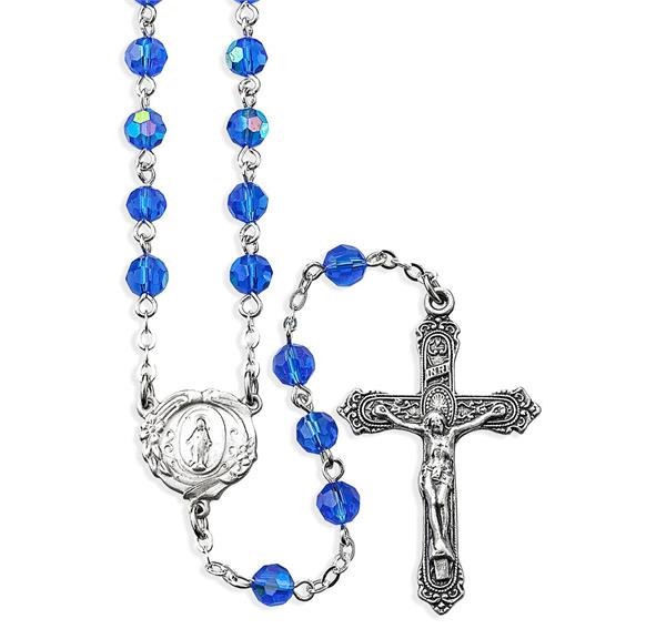 6mm Sapphire Aurora Borealis Crystal Bead Rosary with a Deluxe Center and Cross # 29085