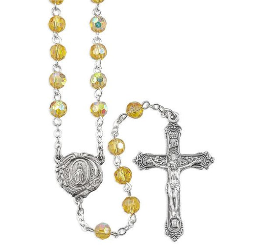Topaz Crystal Aurora Borealis Bead Rosary with a Deluxe Center and Cross Boxed # 29086