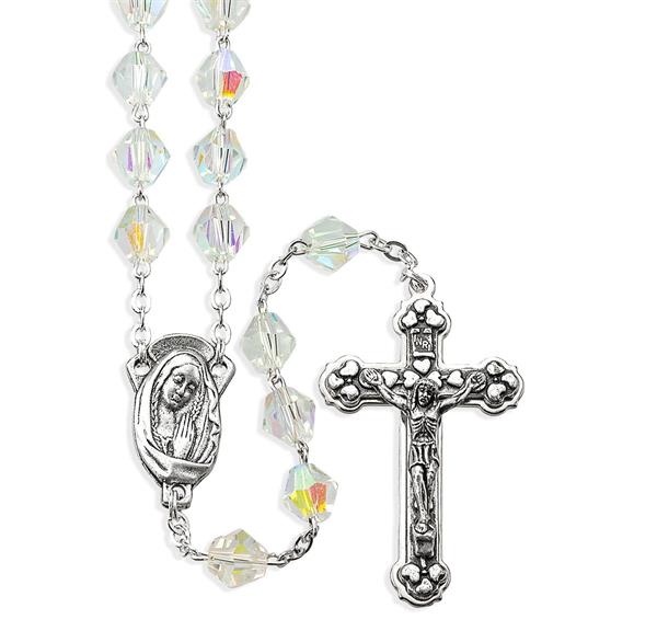 8mm Clear Bicone Shaped Aurora Borealis with 8mm Round Our Father Bead Rosary # 29091