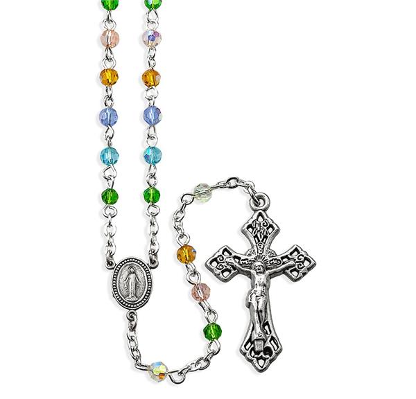 4mm Multi Color Crystal Aurora Borealis Rosary with a Deluxe Center and Crucifix # 29096