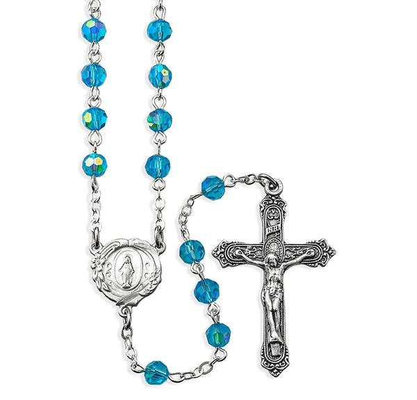6mm Aqua Crystal Aurora Borealis Rosary with a Deluxe Center and Crucifix # 29097