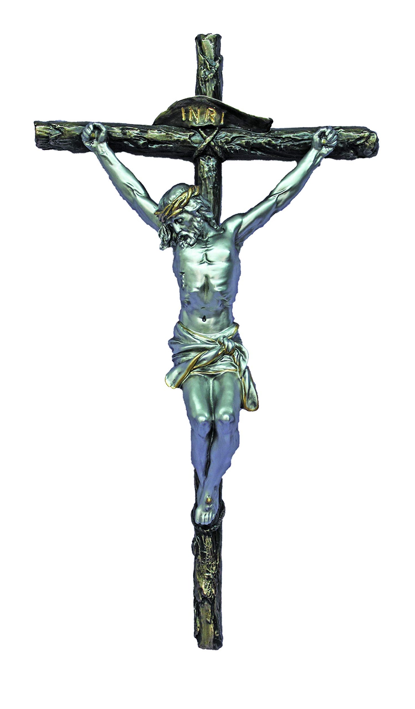 16" Crucifix, Pewter Finish Resin Figure on Cold Cast Bronze Cross, # 17745