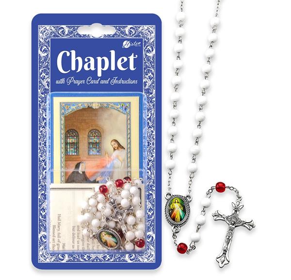 Divine Mercy Chaplet - White Glass Beads w/Ruby Accented Our Father Beads # 29104