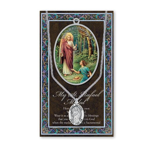 St. Raphael Biography and Folding Picture Card with a Medal & Chain # 29139