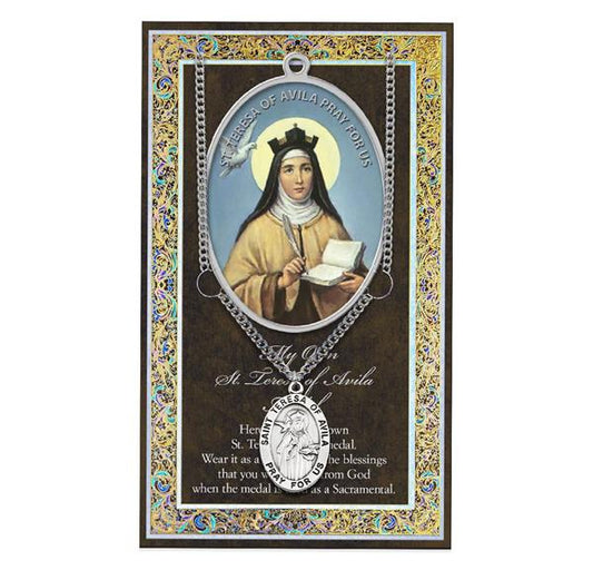 St. Teresa Avila Biography and Folding Picture Card with a Medal & Chain # 29140