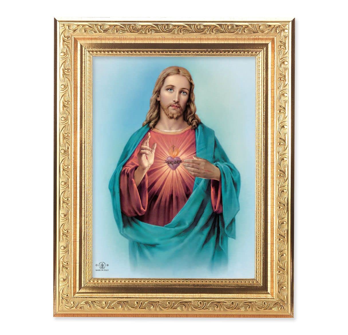 Sacred Heart Picture, 8-1/4"x10-1/4 Gold-Leaf Finish Acanthus Leaf Detail Under Glass # 27662