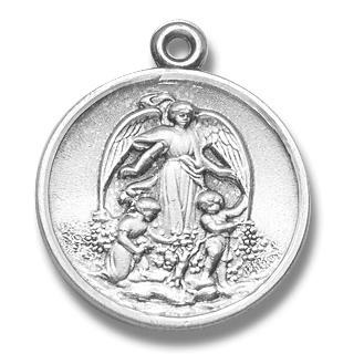 Sterling Silver Guardian Angel Medal, 13/16" dia., Your choice of chain, # 29373