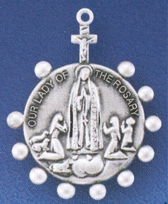 Sterling Silver Our Lady of Fatima Rosary Medal, 1-1/4" overall, Your choice of chain, # 29451