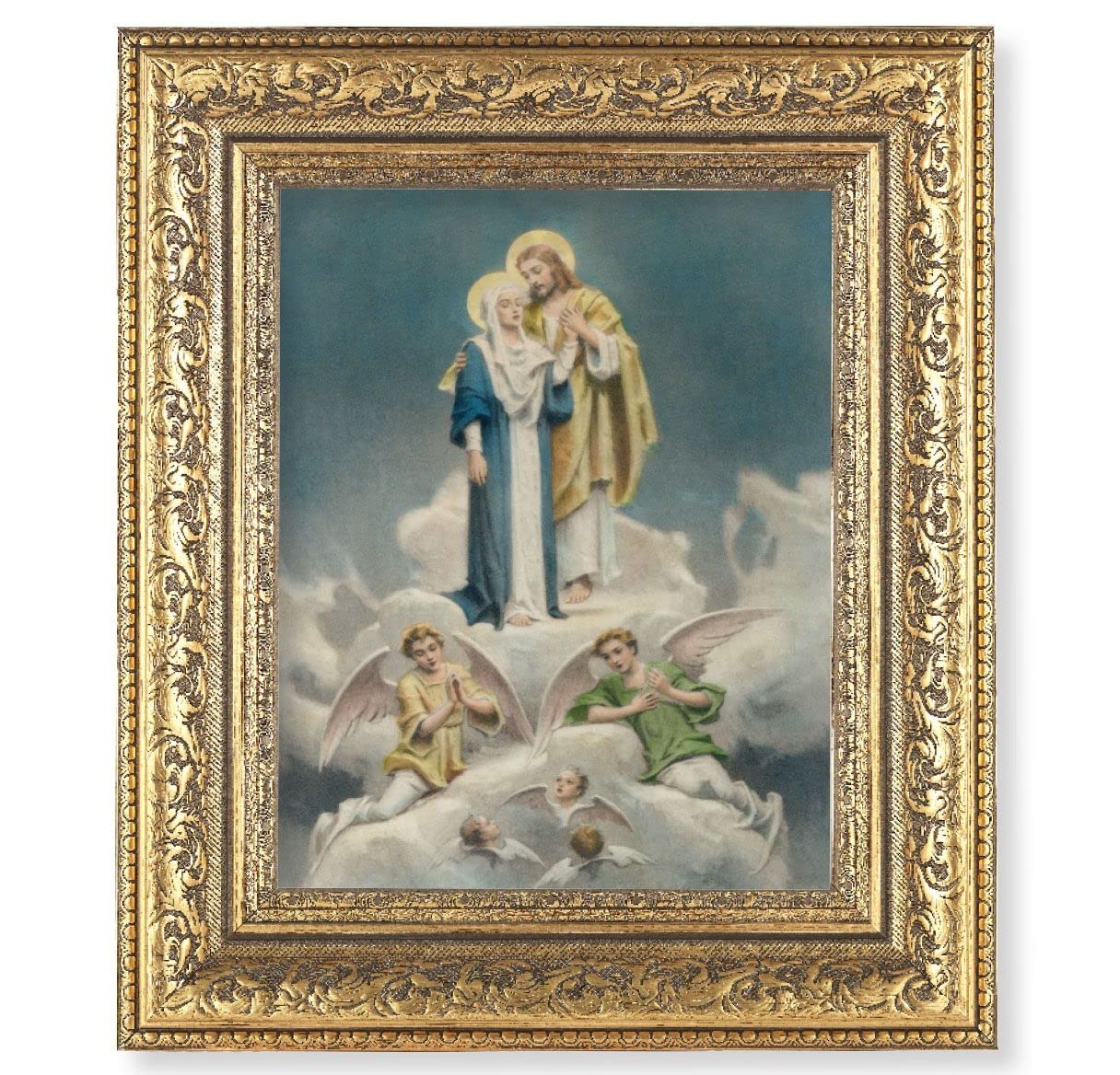 Jesus & Mary Picture, 12-1/2"x14-1/2, Antique Gold Leaf Carvings Ornate Frame, Italian Print Under Glass # 25598