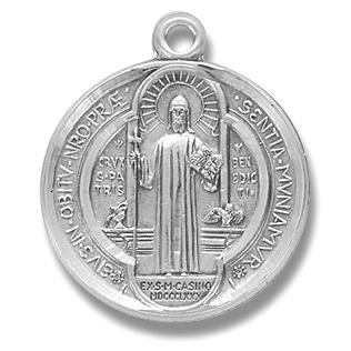 Sterling Silver St. Benedict Medal, 7/8" overall, Your choice of chain, # 29495