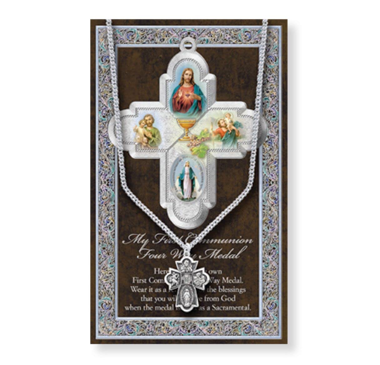First Communion Biography and Folding Picture Card with a Medal & Chain # 29145