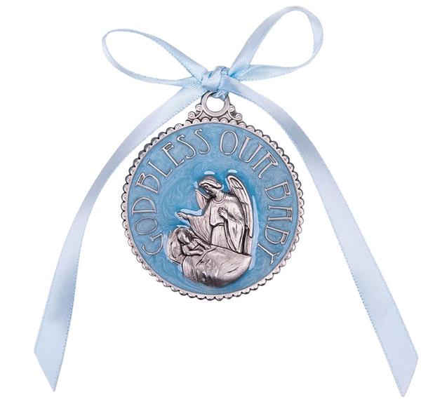 Baby Baptism Blue Enameled Crib Medal # 29797