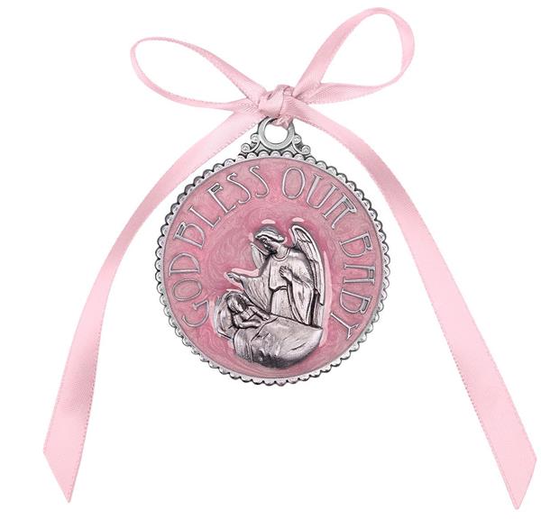 Baby Baptism Pink Enameled Crib Medal # 29798
