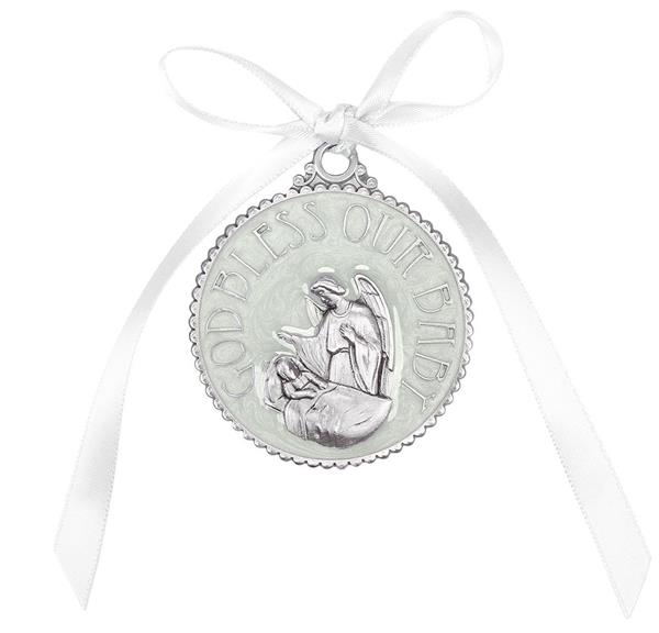 Baby Baptism White Enameled Crib Medal # 29799