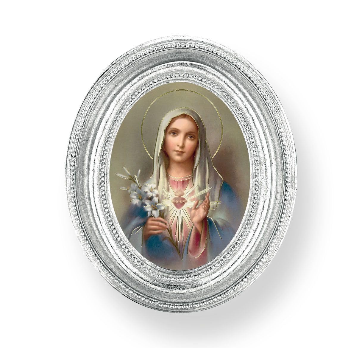 Immaculate Heart of Mary Picture, Silver Finish 3-3/4"x4-1/2 Oval Frame, Exclusive Gold Stamped Print Under Glass # 28446