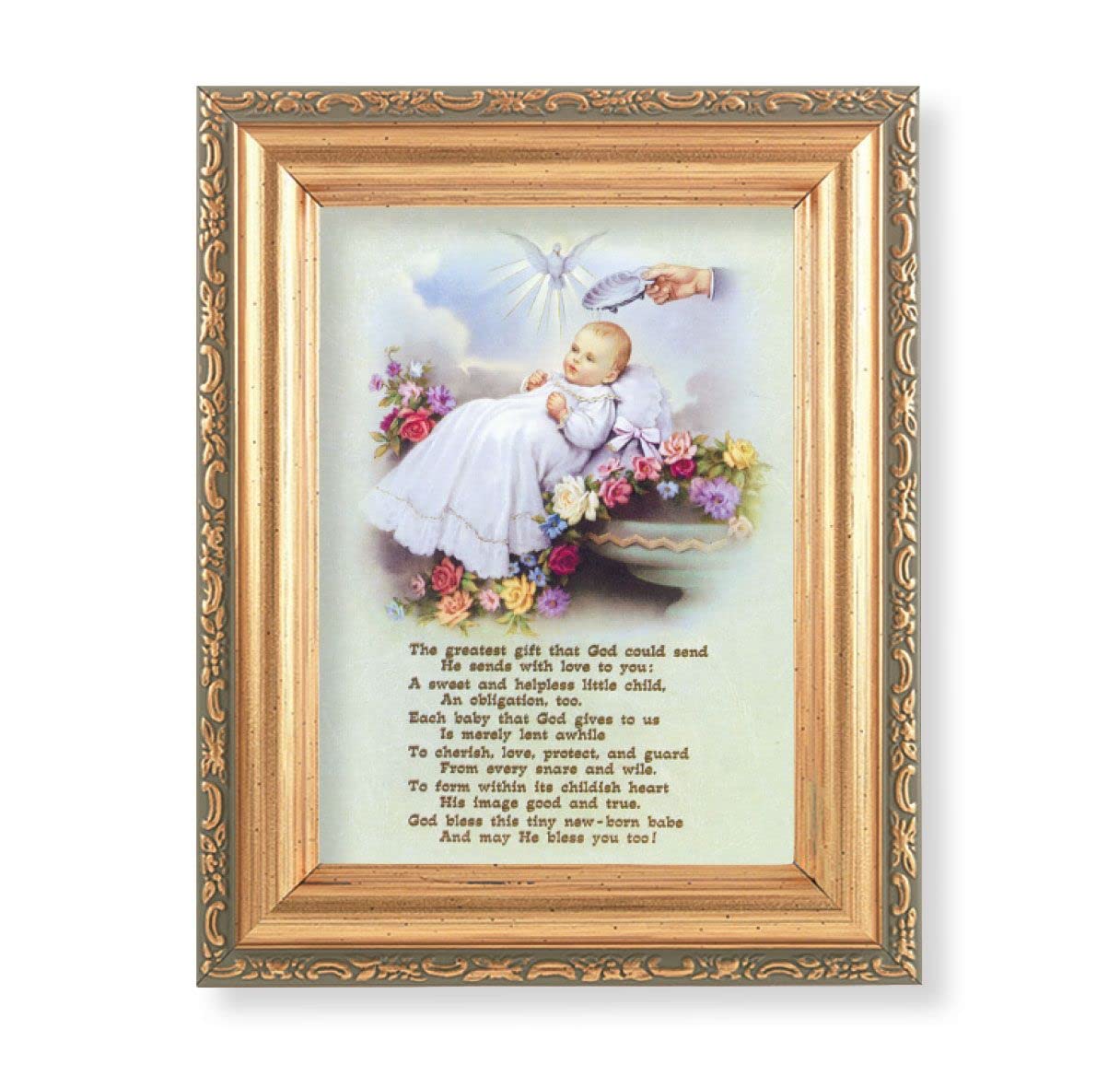 Antique Gold Frame, 5.75"x7.25" overall, Under Glass, Baptism Blessing, # 57156