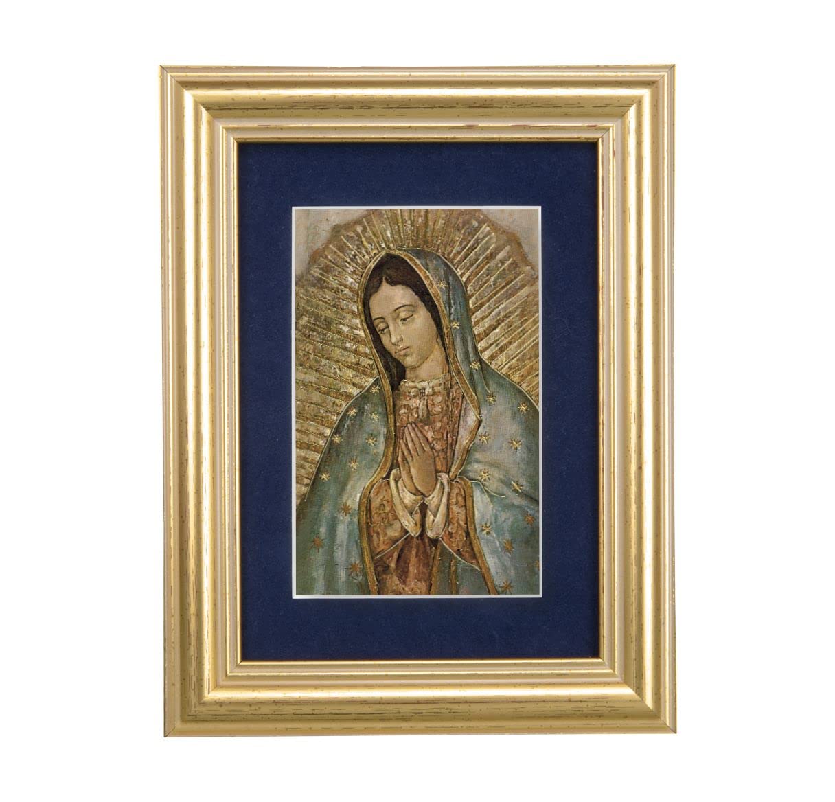 Our Lady of Guadalupe Picture, 5"x6.5" Antique Gold Fluted Frame, Behind Blue Velvet Matting # 28265