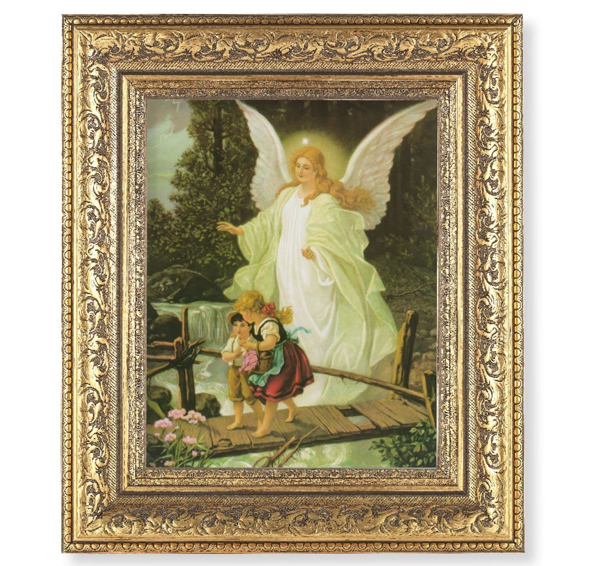 Guardian Angel Picture, 12-1/2"x14-1/2, Antique Gold Leaf Carvings Ornate Frame, Italian Print Under Glass # 25549