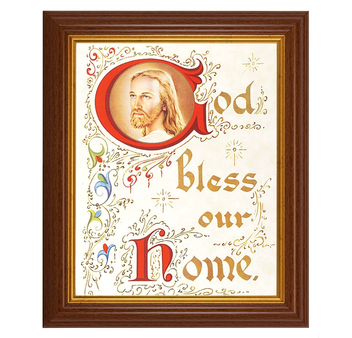 God Bless Our Home, 10.5"x12.5" Walnut Finished Fluted Frame, Gold Beaded Lip, Italian Print # 27047