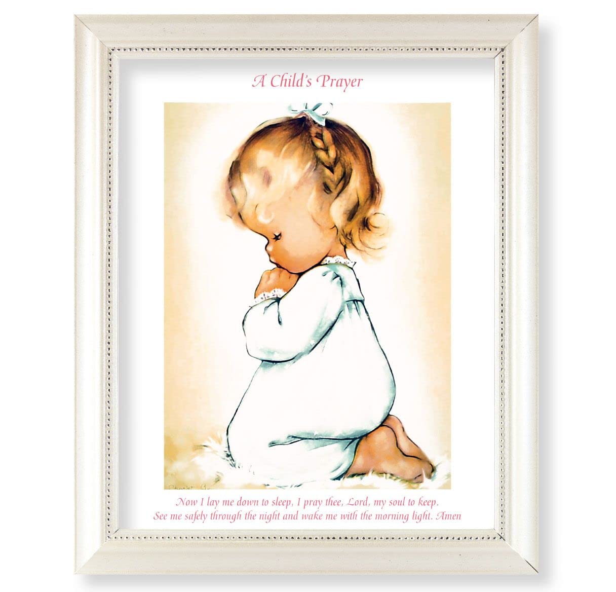 Praying Baby Girl Picture, Pearlized White 9-1/2"x11-1/2 Frame, Beaded Lip, Under Glass # 28108