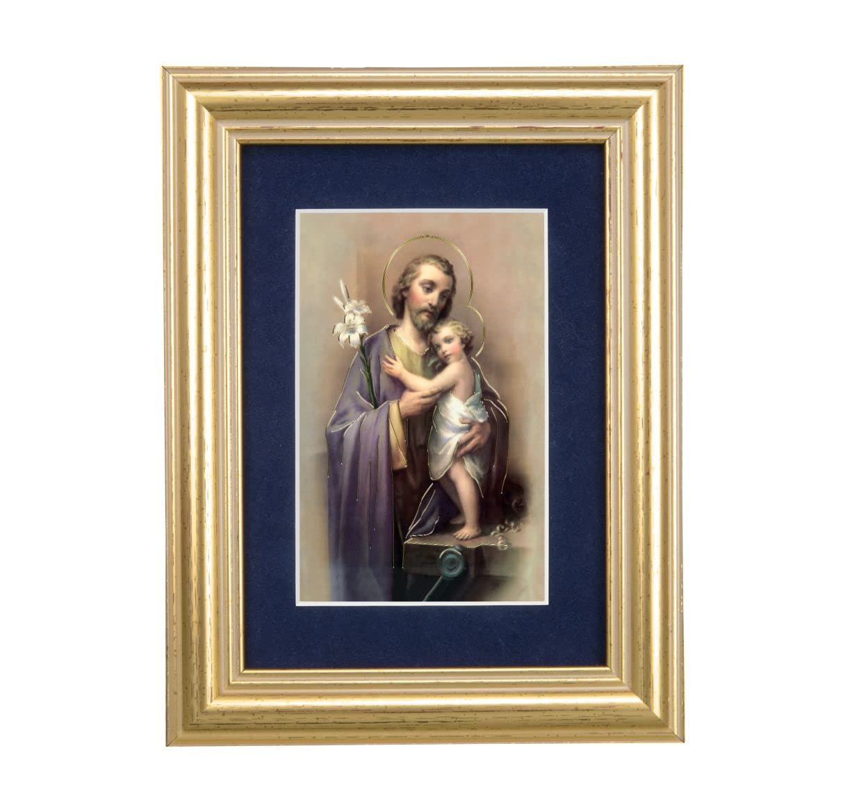 St. Joseph & Child Jesus Picture, 5"x6.5" Antique Gold Fluted Frame, Behind Blue Velvet Matting # 28283