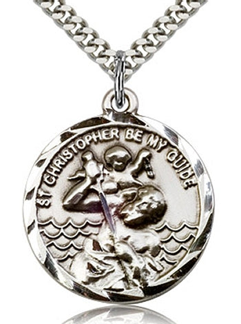 St. Christopher Sterling Silver Medal, 15/16", Your choice of chain, # 3107