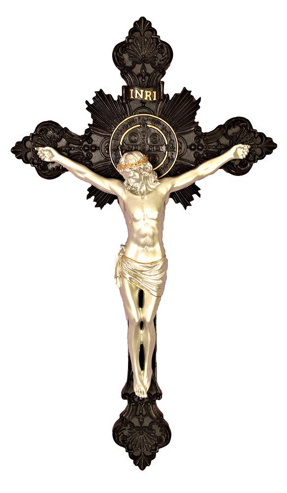14" St. Benedict Crucifix, Blackened Resin w/ Pewter Finish Figure, # 7344