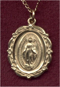 Floral Border Miraculous Medal 13/16" 14kt Gold Filled, Your Choice of Chain # 3163
