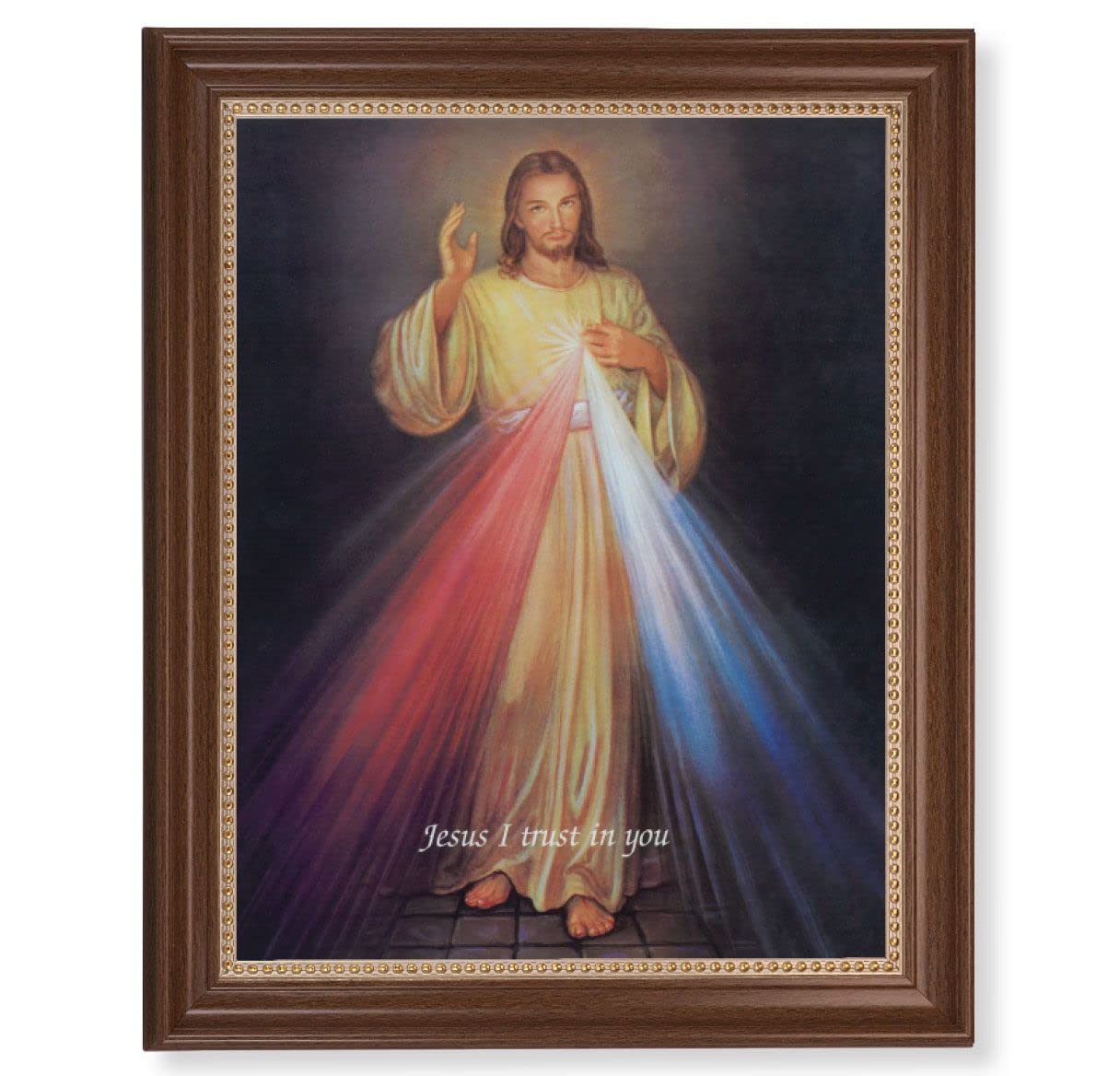 Divine Mercy Picture, 13-1/2"x16-9/16 Walnut Finish Frame with Gold Beaded Lip, Textured Italian Print # 22273