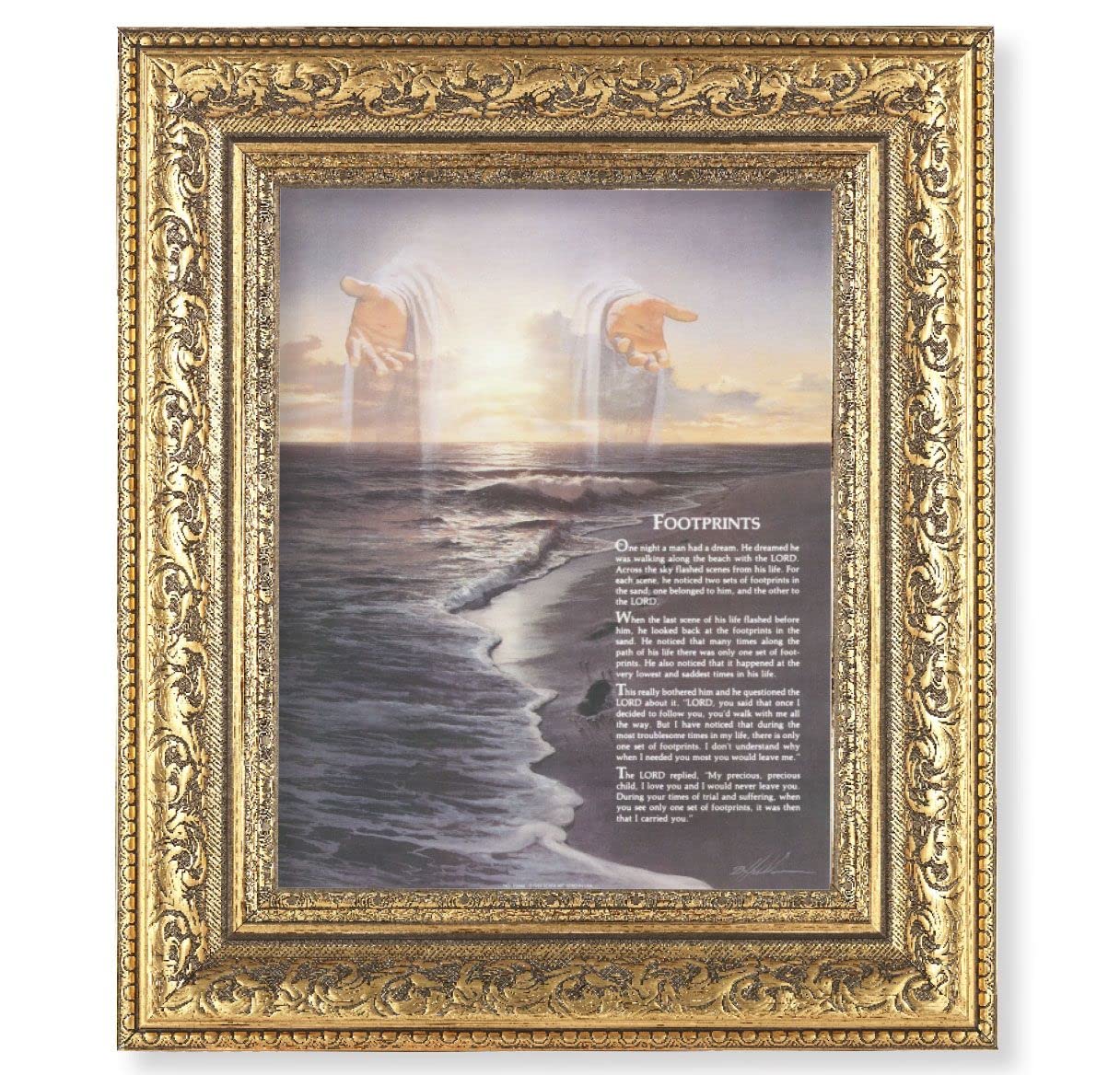 Footprints Picture, 12-1/2"x14-1/2, Antique Gold Leaf Carvings Ornate Frame, Italian Print Under Glass # 25451