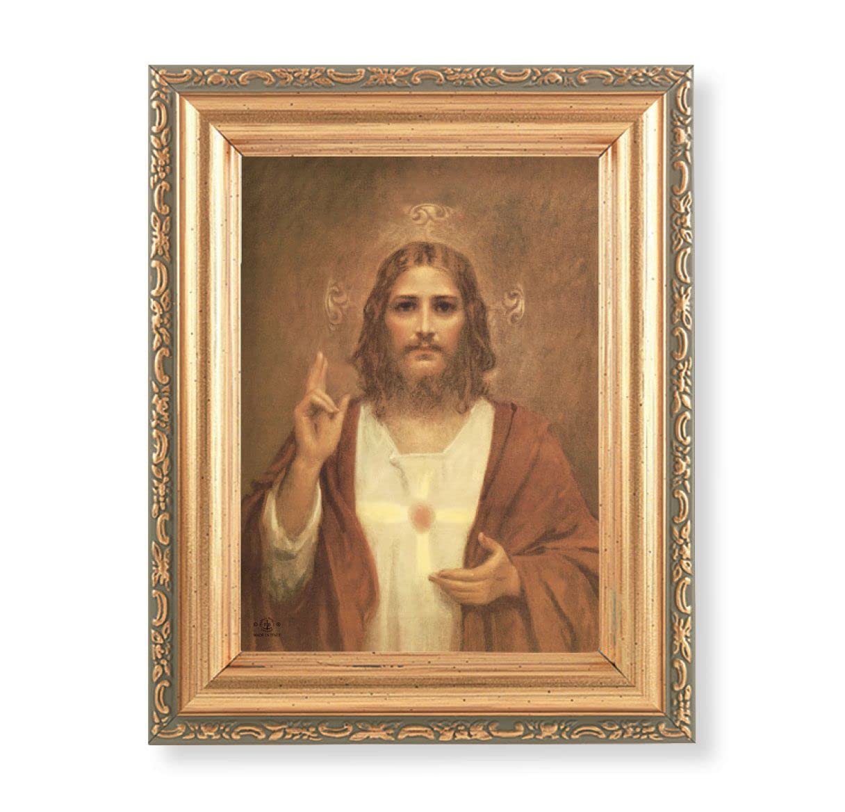 Antique Gold Frame, 5.75"x7.25" overall, Under Glass, Sacred Heart of Jesus, # 90818