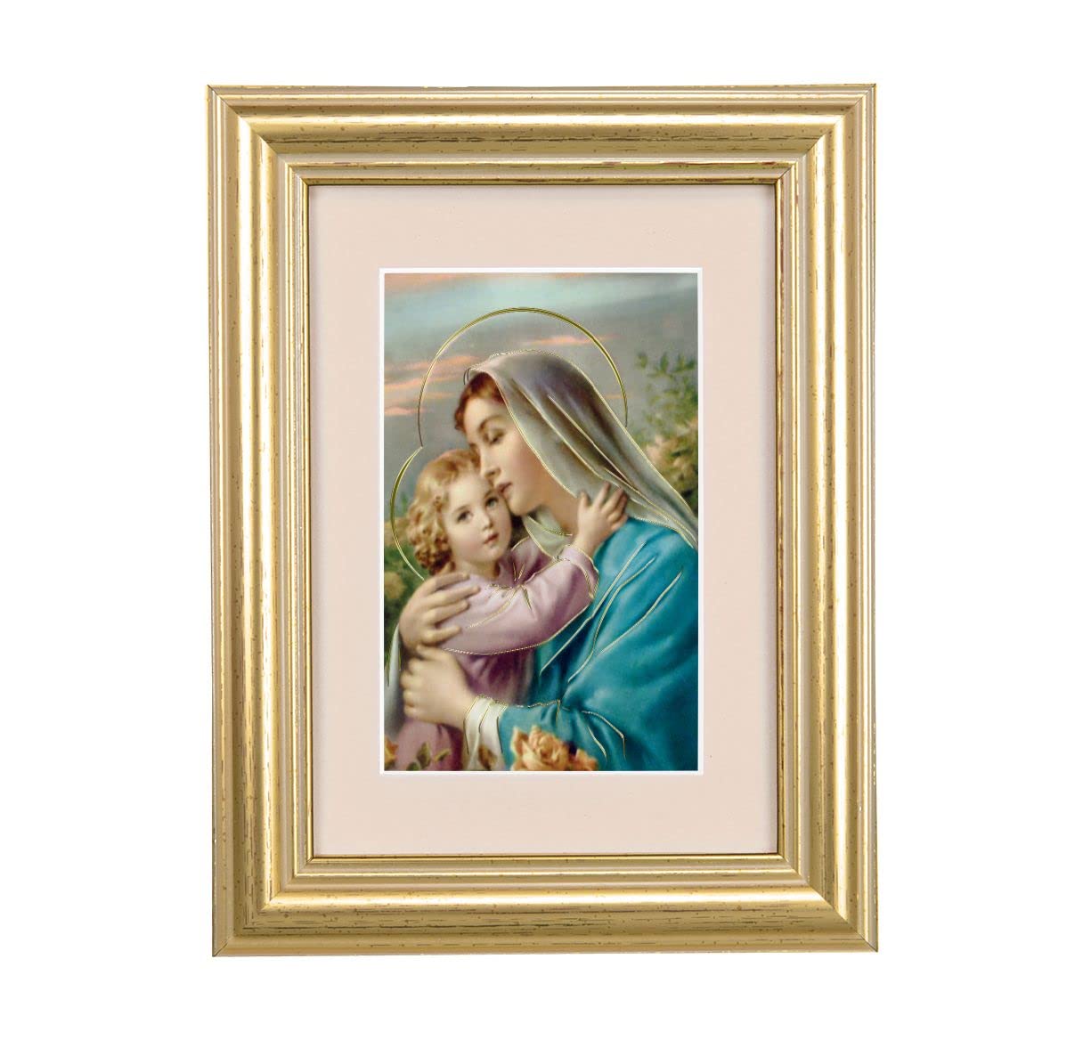 Madonna & Child Picture, 5"x6.5" Antique Gold Fluted Frame, Behind Cream Velvet Matting # 28235