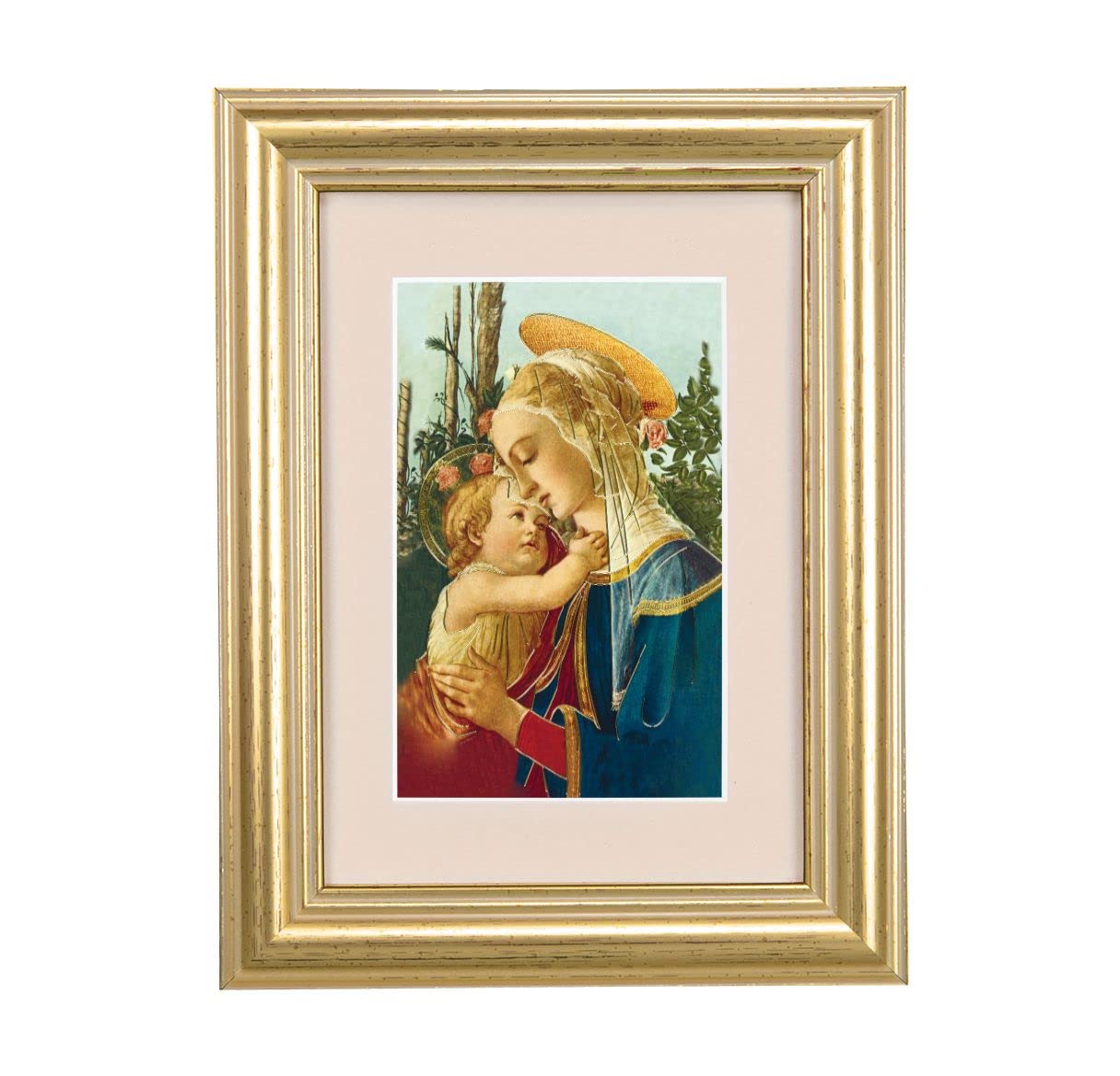 Madonna & Child Picture, 5"x6.5" Antique Gold Fluted Frame, Behind Cream Velvet Matting # 28236