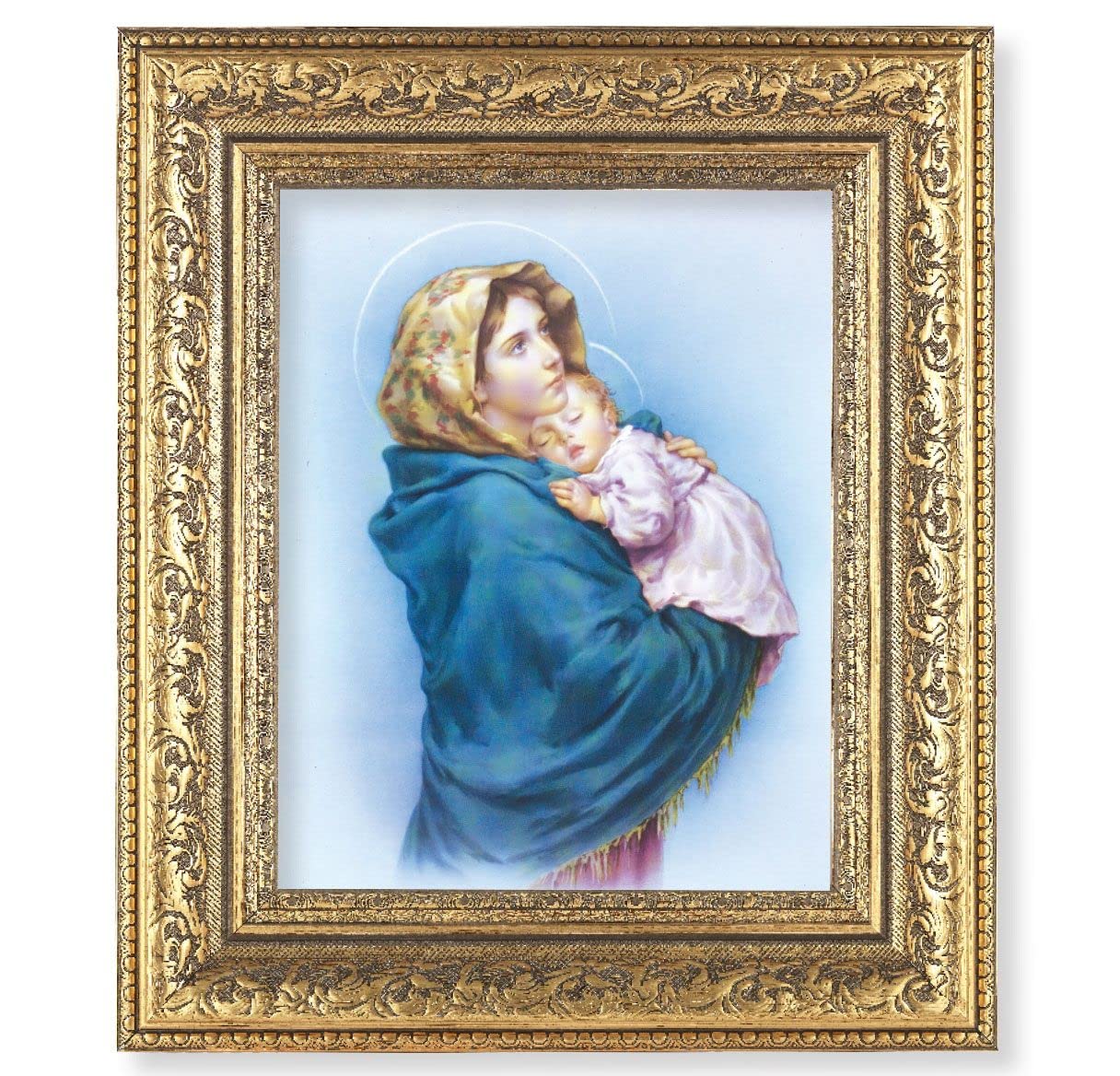 Madonna of The Street Picture, 12-1/2"x14-1/2, Antique Gold Leaf Carvings Ornate Frame, Italian Print Under Glass # 25463
