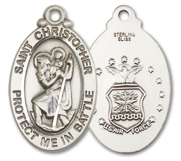 St. Christopher Air Force Medal, 1-1/8" tall, Sterling Silver, Your Choice of Chain, # 3347
