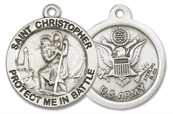 St. Christopher/ Army Medal, 1" dia., Sterling Silver, Your Choice of Chain, # 3349