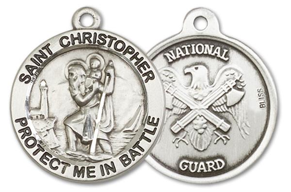 St. Christopher National Guard Medal, 1" dia., Fine Pewter, Your Choice of Chain, # 3358