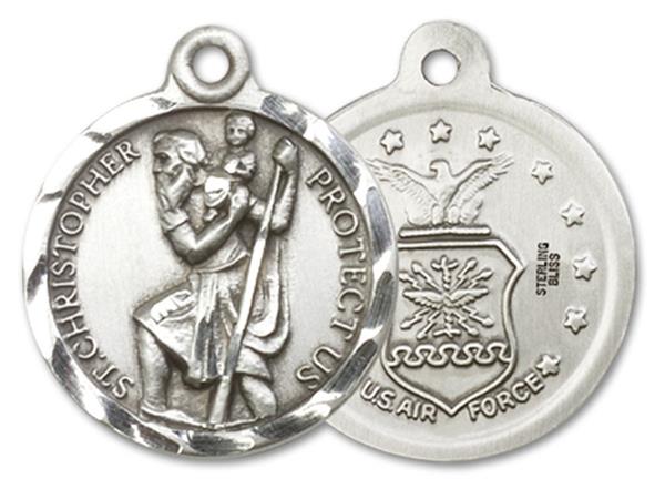 St. Christopher Air Force Medal, Sterling Silver, 3/4" dia., Your Choice of Chain, # 3365
