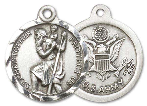 St. Christopher Army Medal, Sterling Silver, 3/4" dia., Your Choice of Chain, # 3367