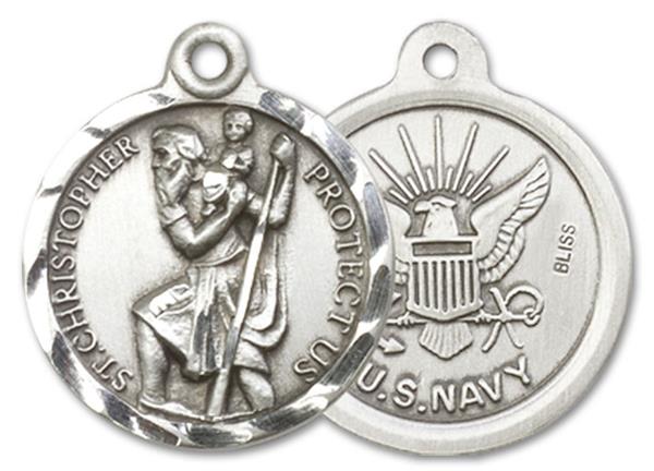 St. Christopher Navy Medal, Fine Pewter, 3/4" dia., Your Choice of Chain, # 3374