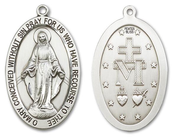 Miraculous Medal in Fine Pewter, 1-1/2", Your Choice of Chain, # 3378