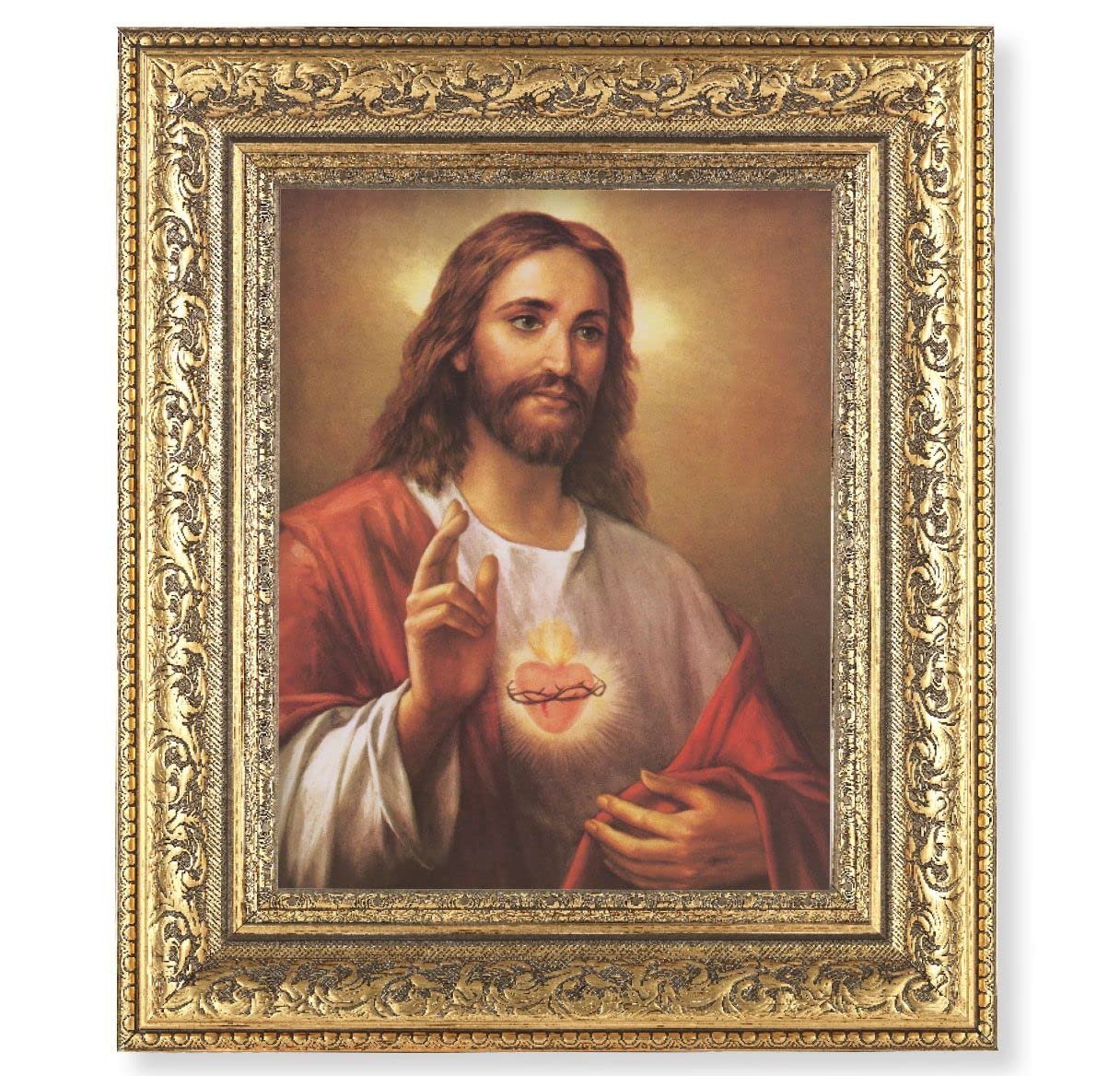Sacred Heart of Jesus Picture, 12-1/2"x14-1/2, Antique Gold Leaf Carvings Ornate Frame, Italian Print Under Glass # 25535