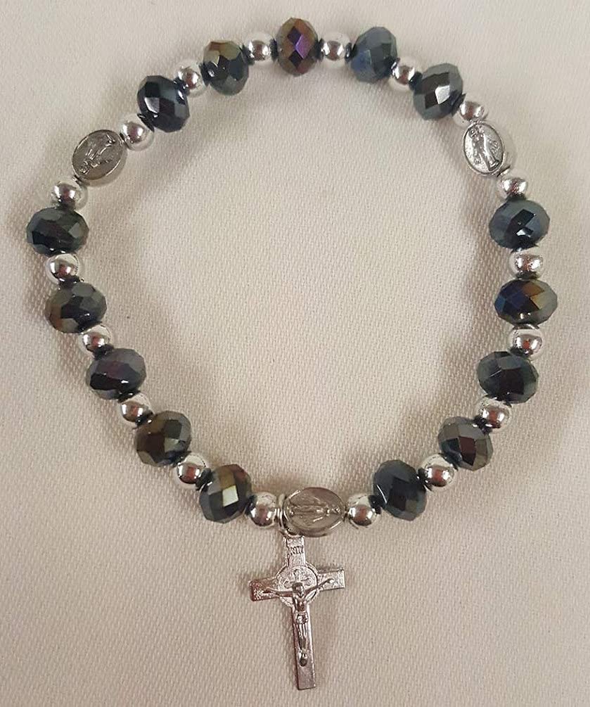 Miraculous Medal Elastic Bracelet, Dark Aurora Borealis Beads, 12-Count Value Pack, # 12