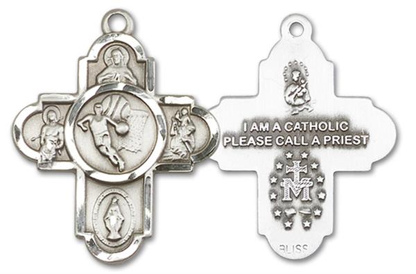 Basketball 5-way Medal in Fine Pewter, 1", Your Choice of Chain, # 3460
